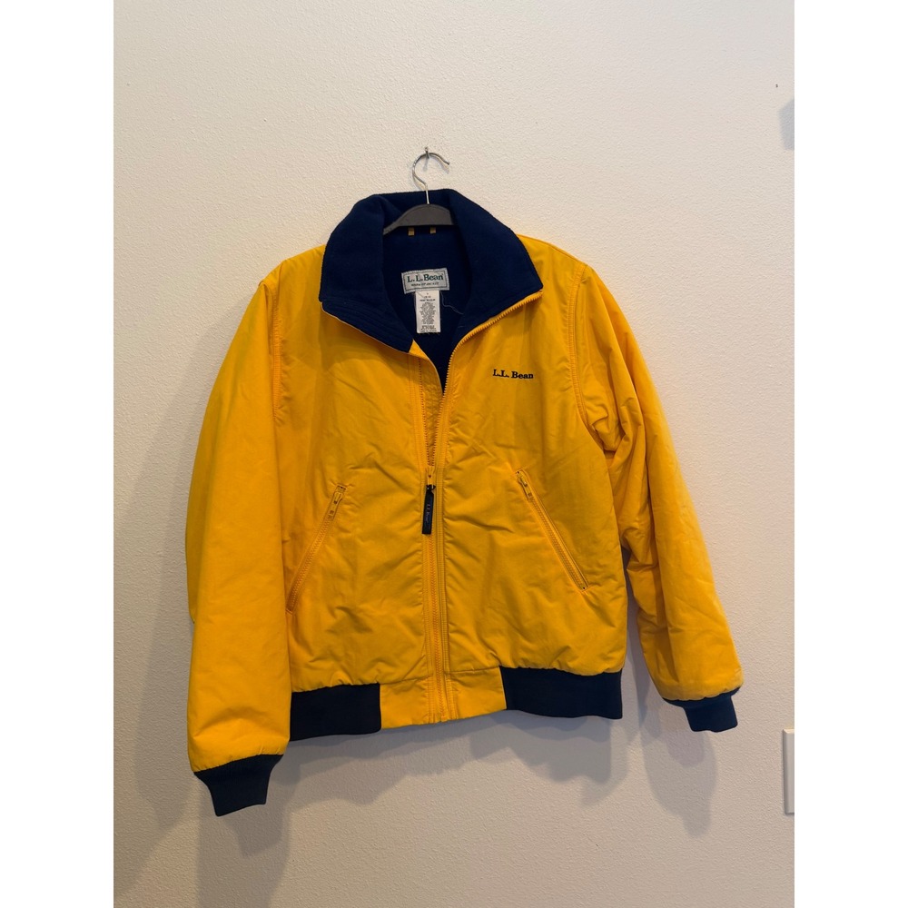 LL Bean Warm-Up Jacket Mens Small Yellow Navy Blue Fleece Lined Bomber HK18